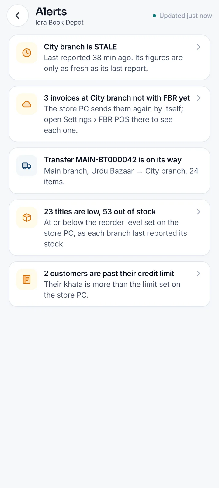 The BooksPOS Owner app alerts: a STALE branch, low stock and invoices not with FBR yet