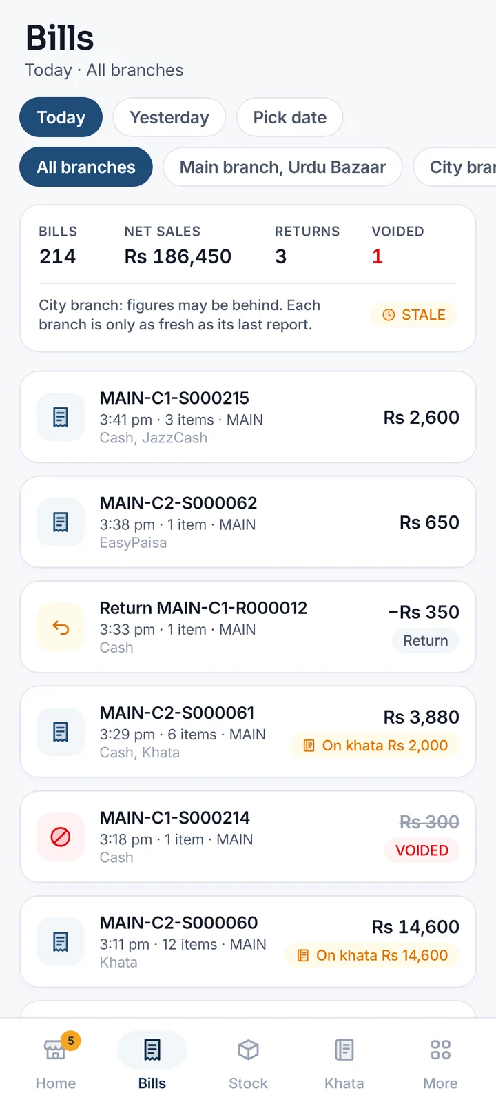 The BooksPOS Owner app bills list for one day, with a voided bill marked