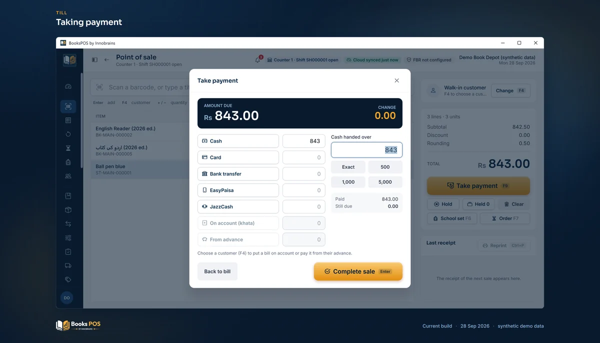 The Take payment dialog with Rs 843.00 due, cash handed over and the tenders listed