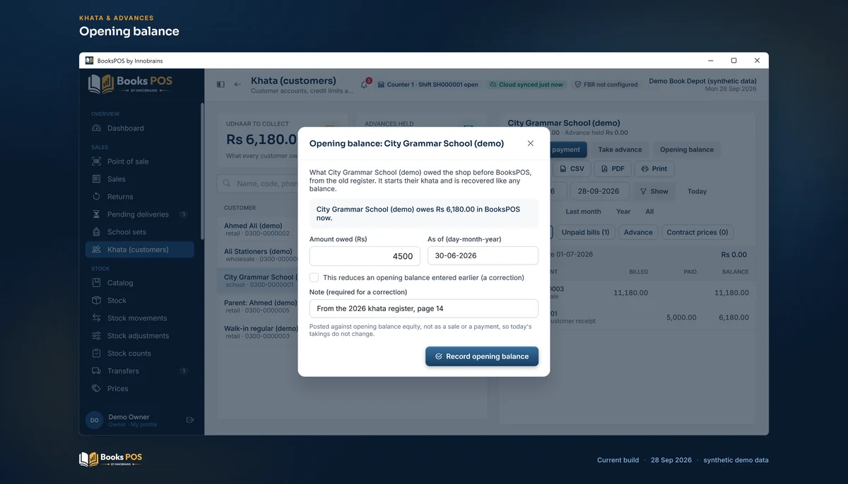 The Opening balance dialog for City Grammar School (demo) with Rs 4,500 as of 30-06-2026