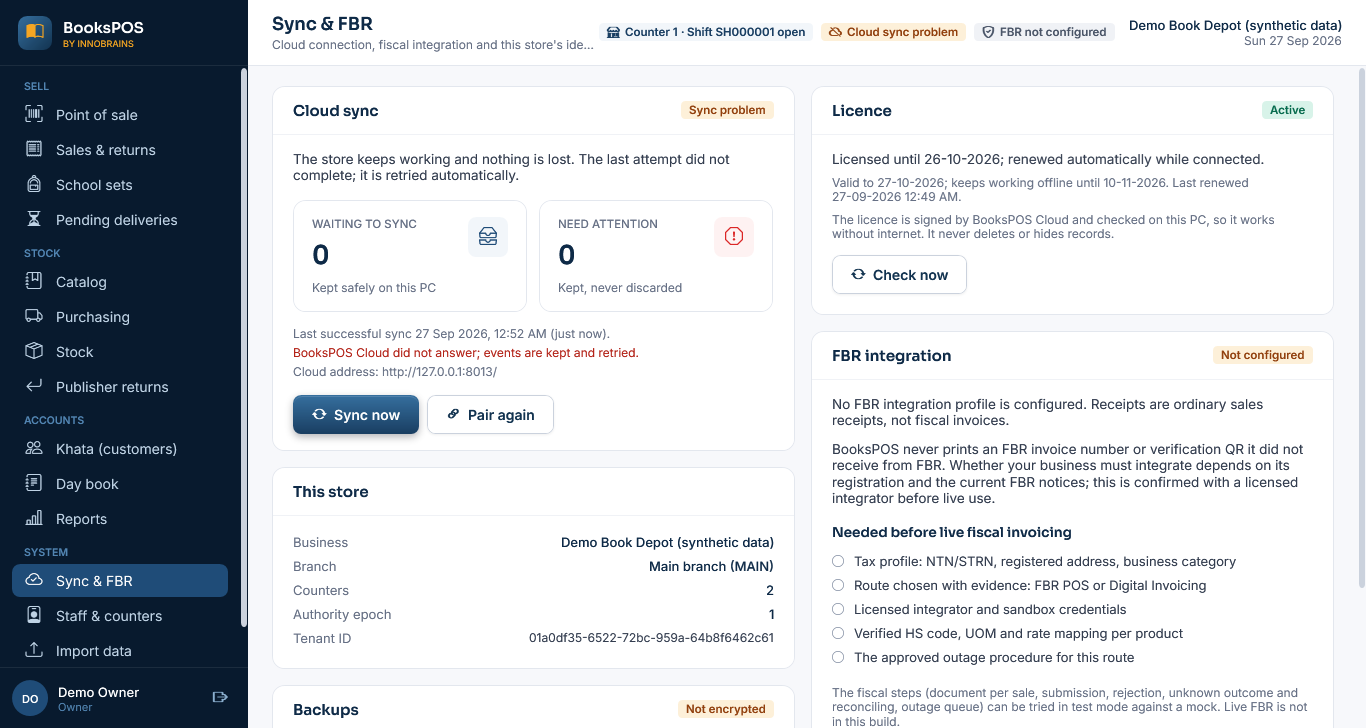 Sync and FBR showing a sync problem: the cloud did not answer, events are kept and retried, and the store keeps working