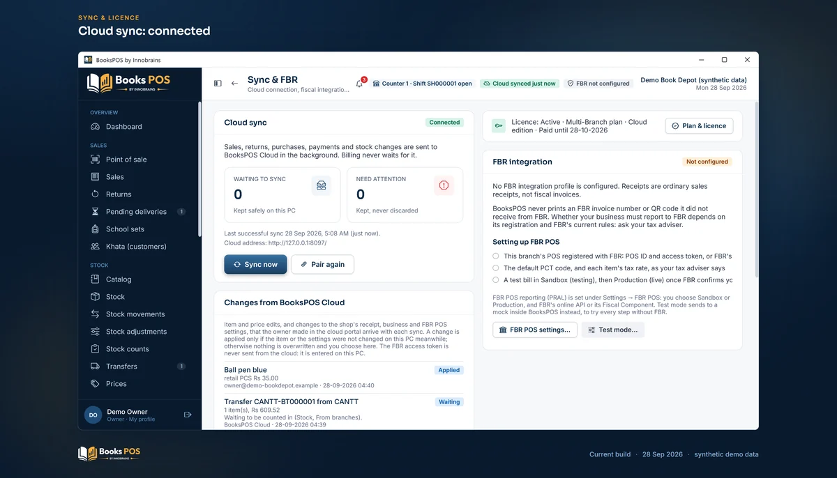 Sync & FBR showing the cloud connected with nothing waiting, the licence and changes from BooksPOS Cloud