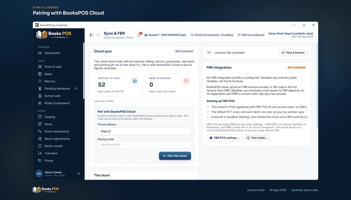 Sync & FBR on a store not yet paired, with 52 changes kept and the pairing form