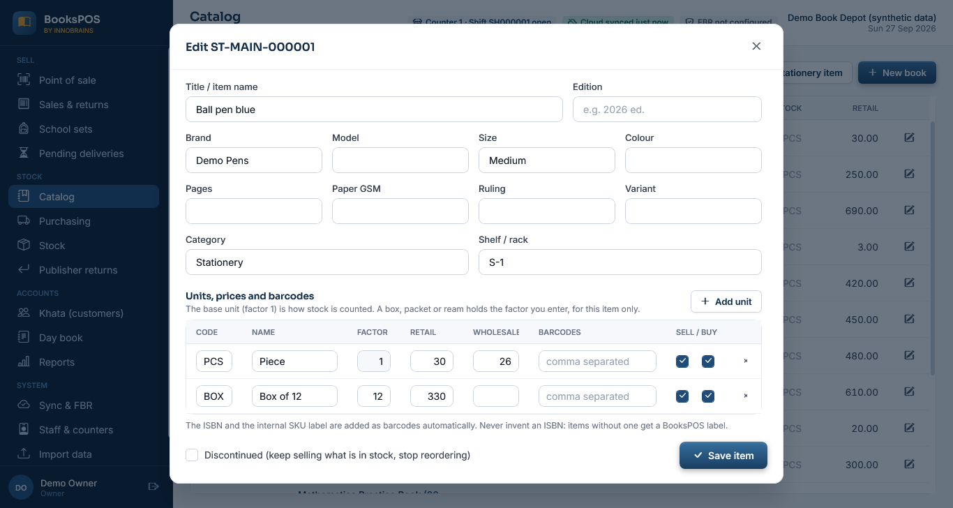 Editing a ball pen: brand, size and category, a piece unit and a box of 12 with its own price