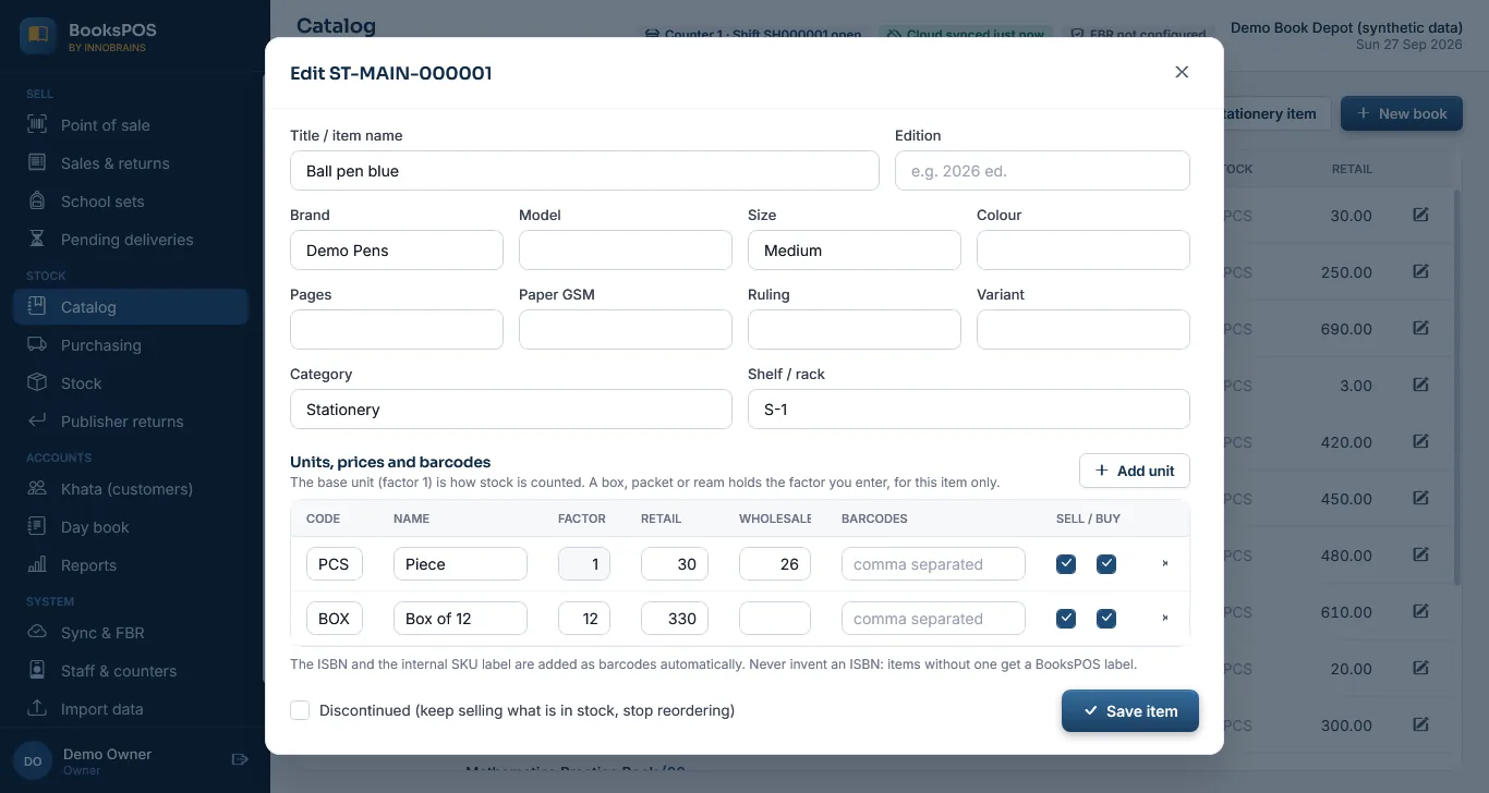 The item editor with a piece unit and a box, each with its own price and barcode