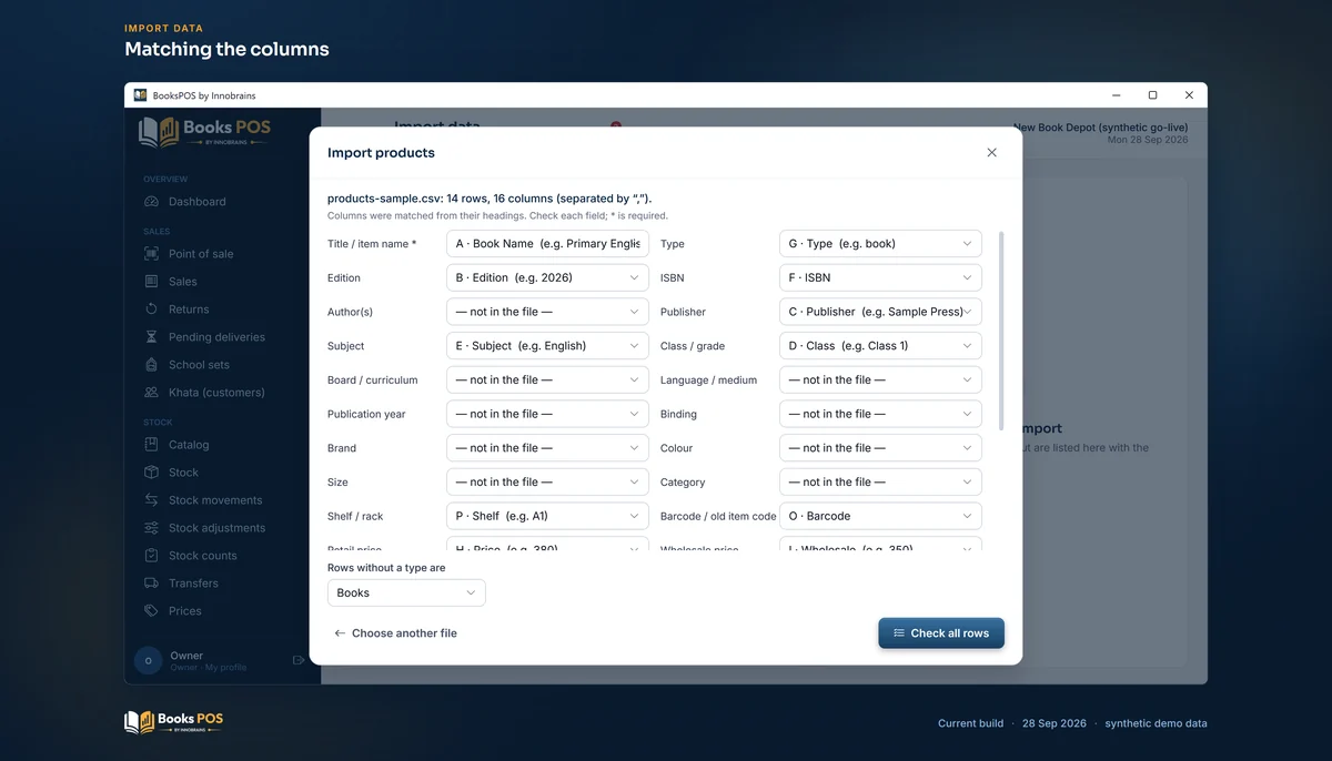 The Import products dialog matching the columns of products-sample.csv