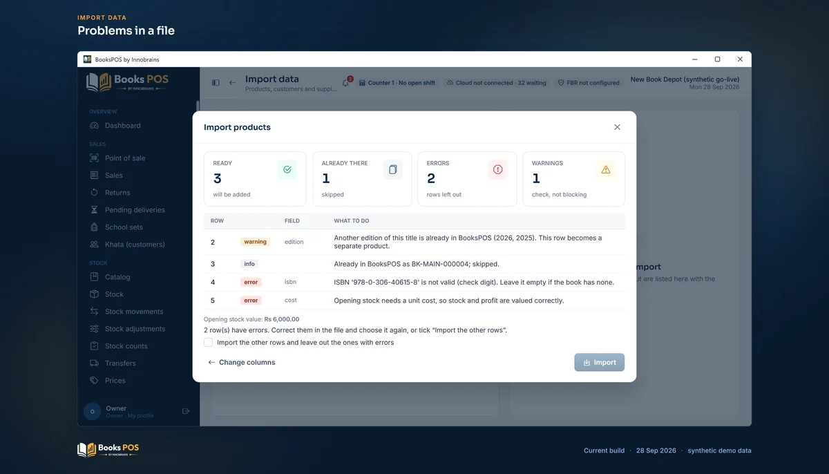 The import check step: 3 rows ready, 1 already there, 2 errors and 1 warning
