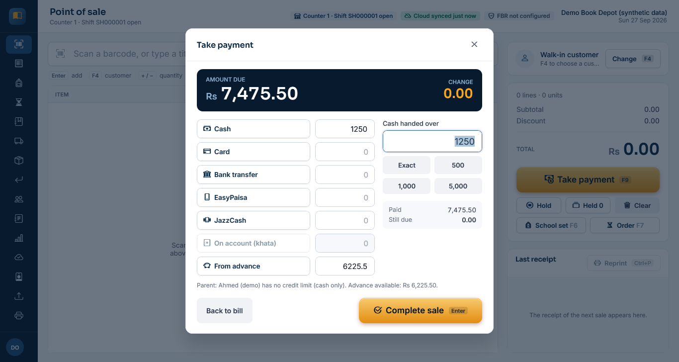 Take payment with Rs 9,670.00 due, Rs 8,420 from advance and Rs 1,250 in cash