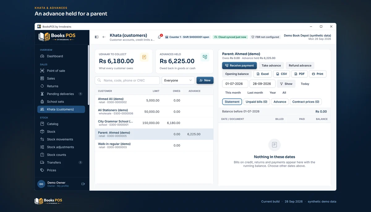 Khata with Parent: Ahmed (demo) selected, showing an advance held of Rs 6,225.00