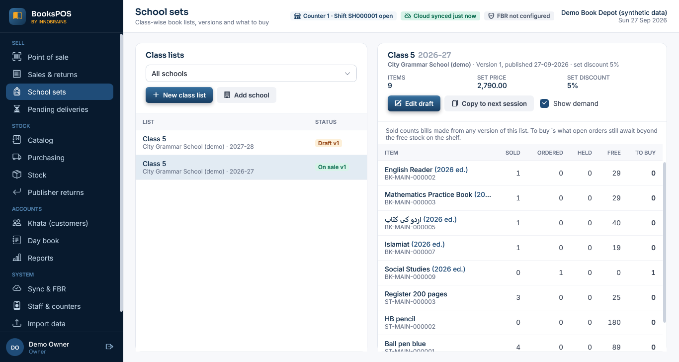 School sets with a published Class 5 list and its demand: sold, ordered, held, free and to buy for each item