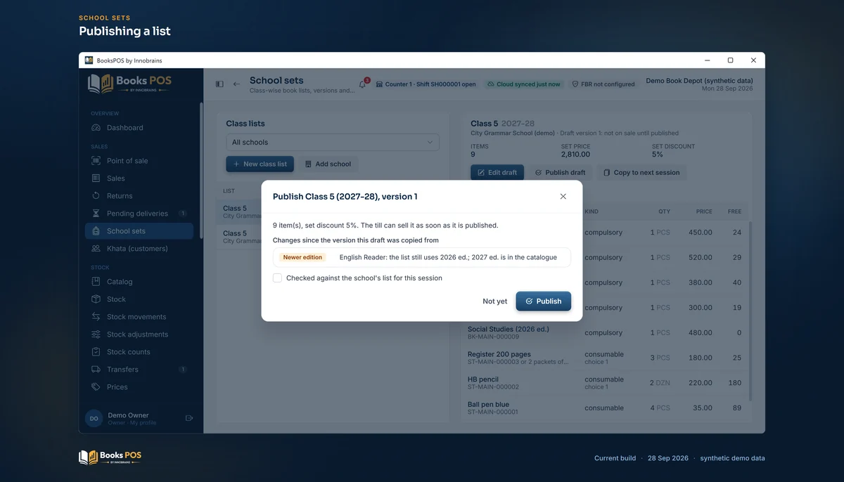 The Publish dialog noting that a newer edition of English Reader is in the catalogue
