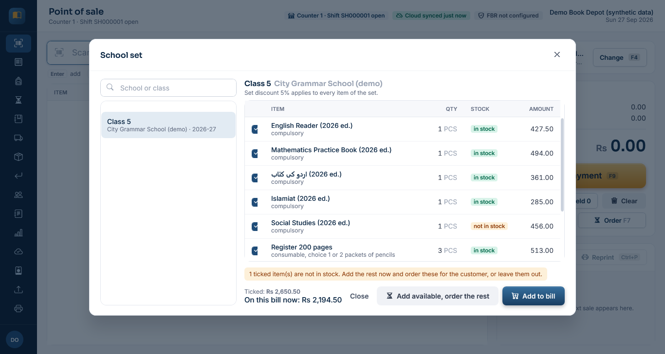The School set dialog at the till: Class 5 of a demo school with ticked items, one marked not in stock, and the buttons Add available, order the rest and Add to bill