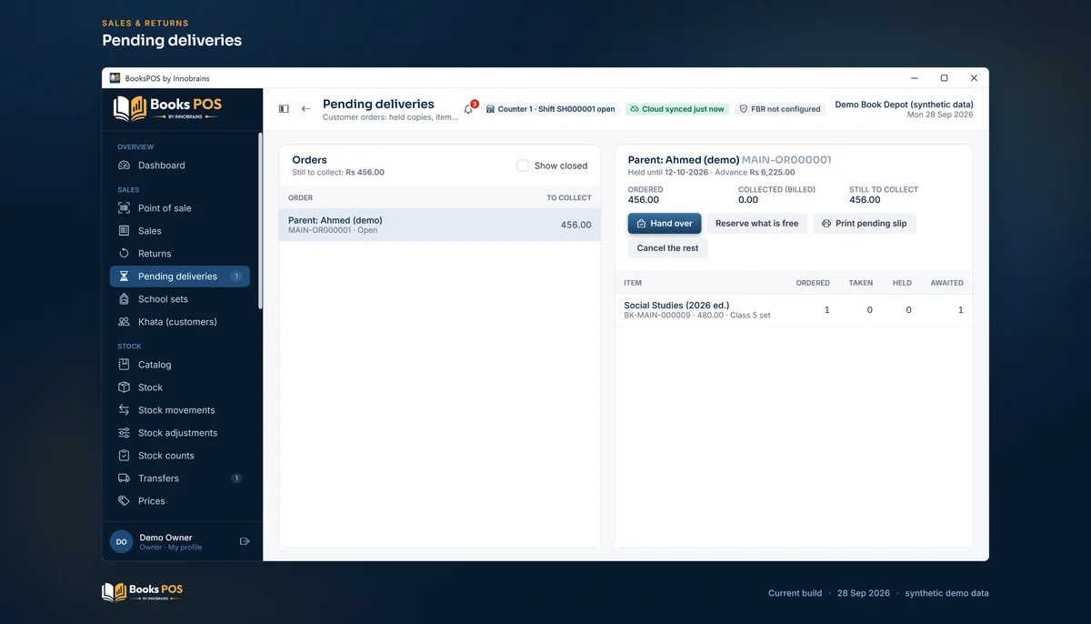 Pending deliveries showing an order for Parent: Ahmed (demo) with one title awaited