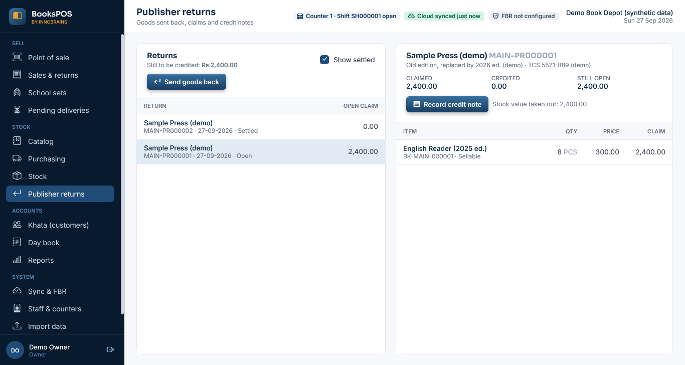 Publisher returns listing two returns to a demo publisher, one settled and one with an open claim of Rs 2,400.00 and a Record credit note button