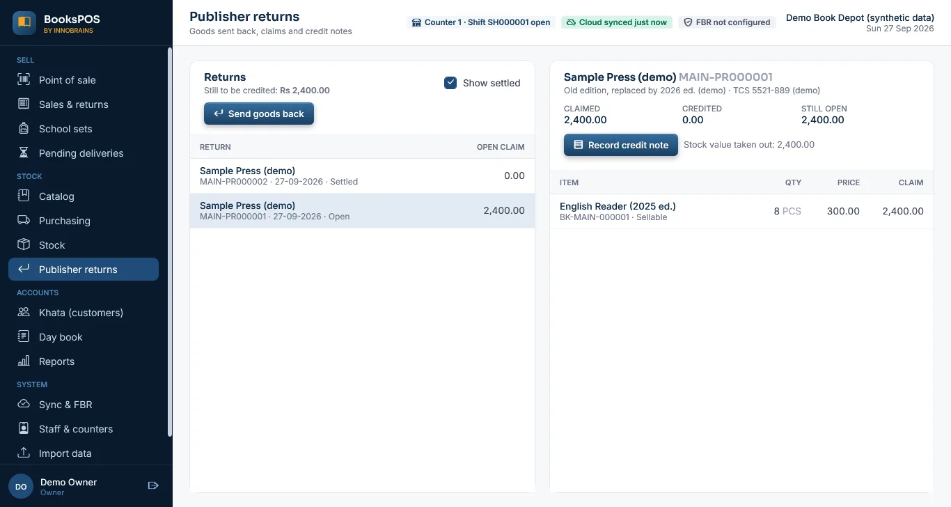 Publisher returns listing two returns to a demo publisher, one settled and one with an open claim of Rs 2,400.00 and a Record credit note button
