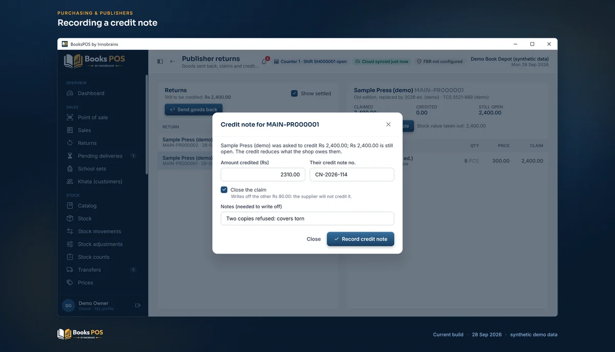 The Credit note dialog: Rs 2,310.00 credited, claim closed, Rs 90.00 written off