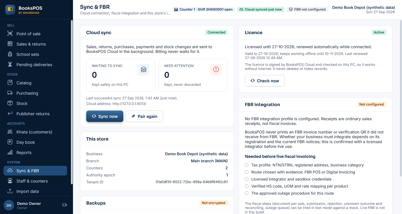 Sync and FBR with the Licence panel: active, licensed until 26-10-2026, keeps working offline until 09-11-2026, and a Check now button