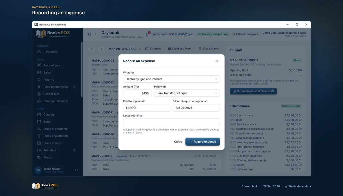 The Record an expense dialog for an electricity bill of Rs 8,450 paid by bank transfer