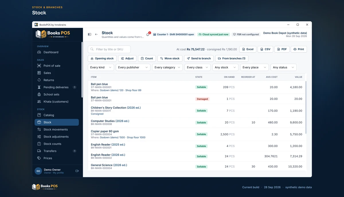 The Stock page listing items with state, on hand, reorder level, average cost and value