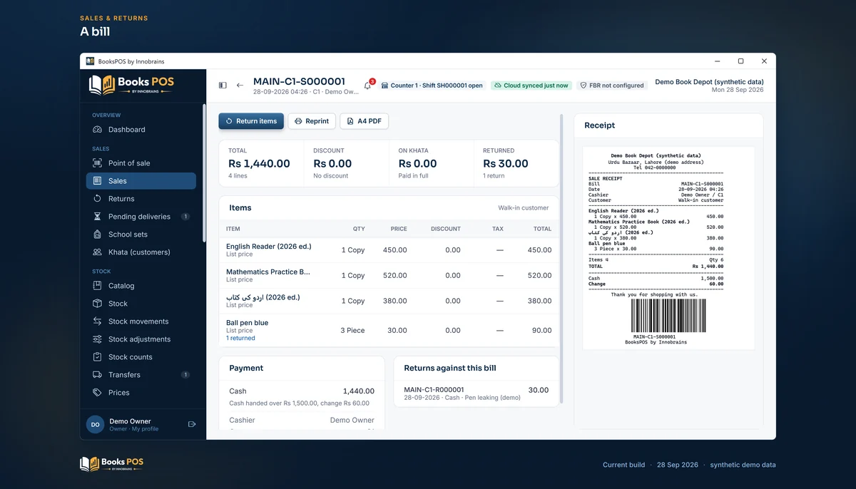 A bill's page: totals, items, cash payment, one return against it and the printed receipt