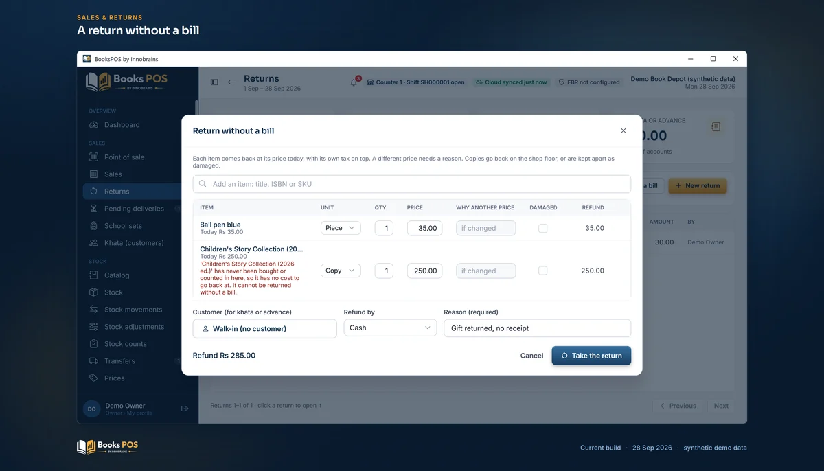The Return without a bill dialog with two items, one refused because it has no cost here