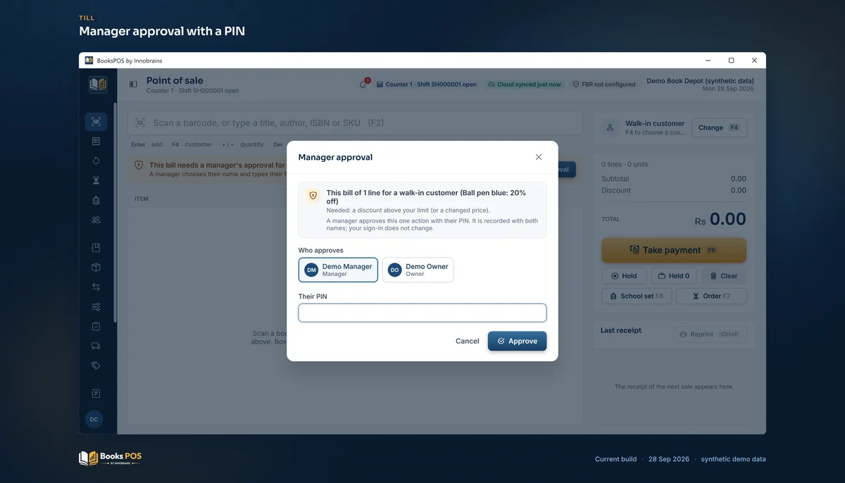 The Manager approval dialog asked for by a cashier, listing Demo Manager and Demo Owner and a PIN box