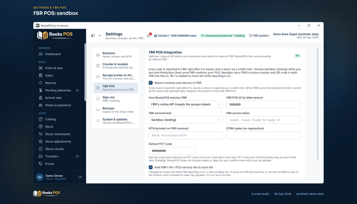 Settings, FBR POS integration switched on: online API, Sandbox (testing), a demo POS ID and the Re 1 fee
