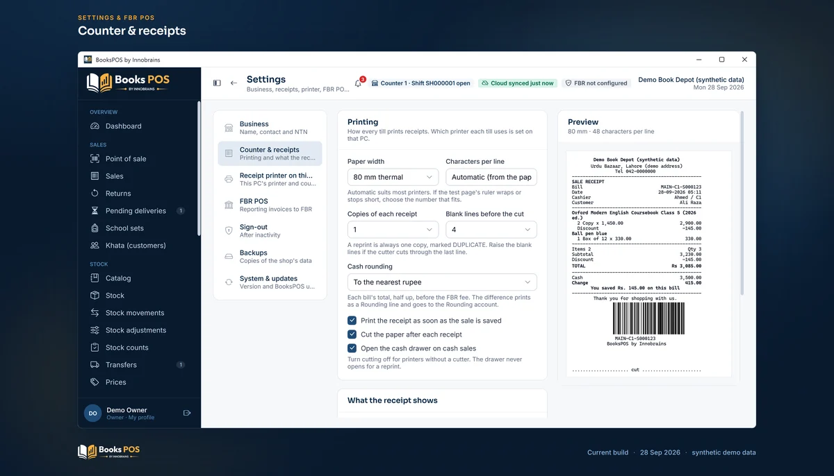 Settings, Counter & receipts, with an 80 mm receipt preview