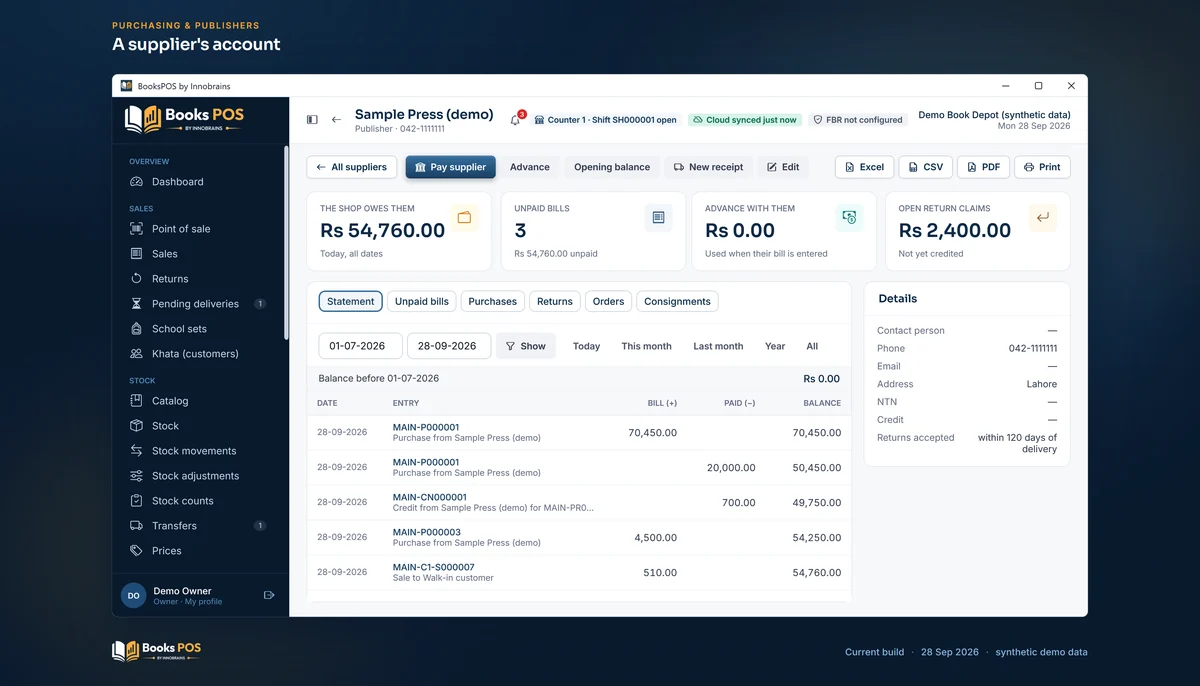 Sample Press (demo)'s account with its statement and Rs 54,760.00 owed
