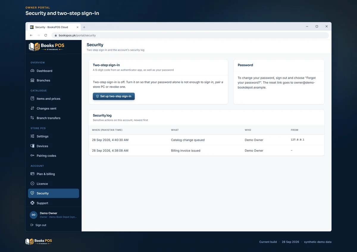 The owner portal's Security page: two-step sign-in and the security log