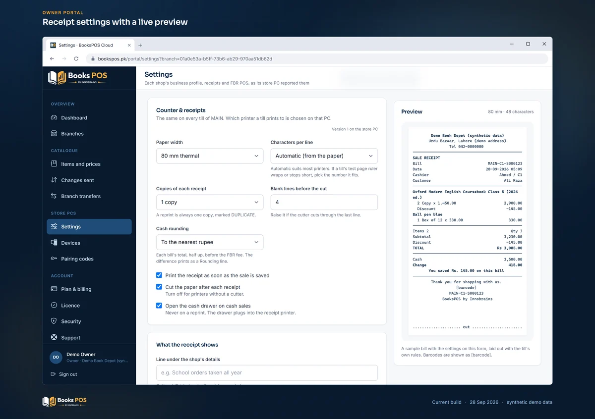 Counter and receipt settings with a receipt preview
